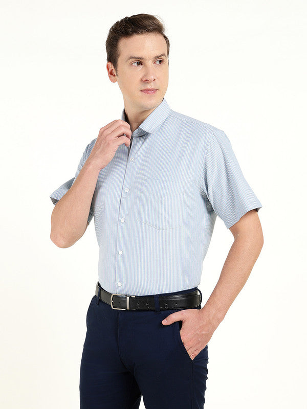 Men Blue Striped Wrinkle Ressistant Slim Fit Oxford Weave Pure Cotton Formal Shirt
