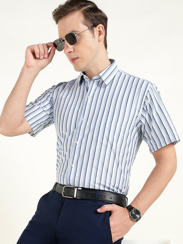 Men Blue Striped Wrinkle Ressistant Slim Fit Pure Cotton Formal Shirt