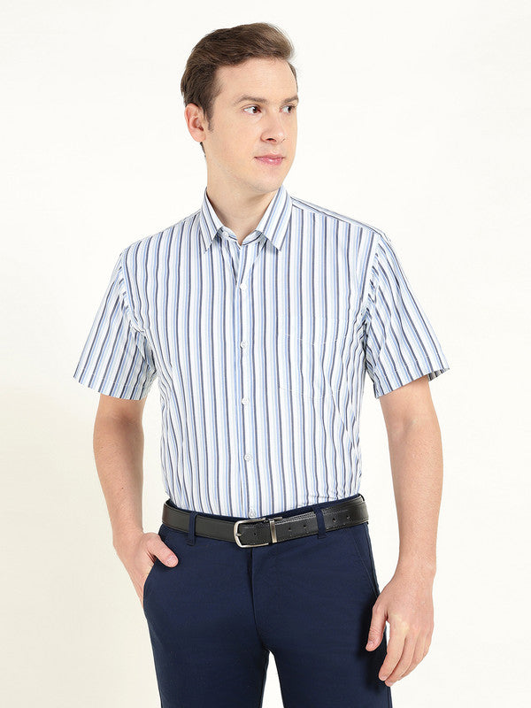 Men Blue Striped Wrinkle Ressistant Slim Fit Pure Cotton Formal Shirt