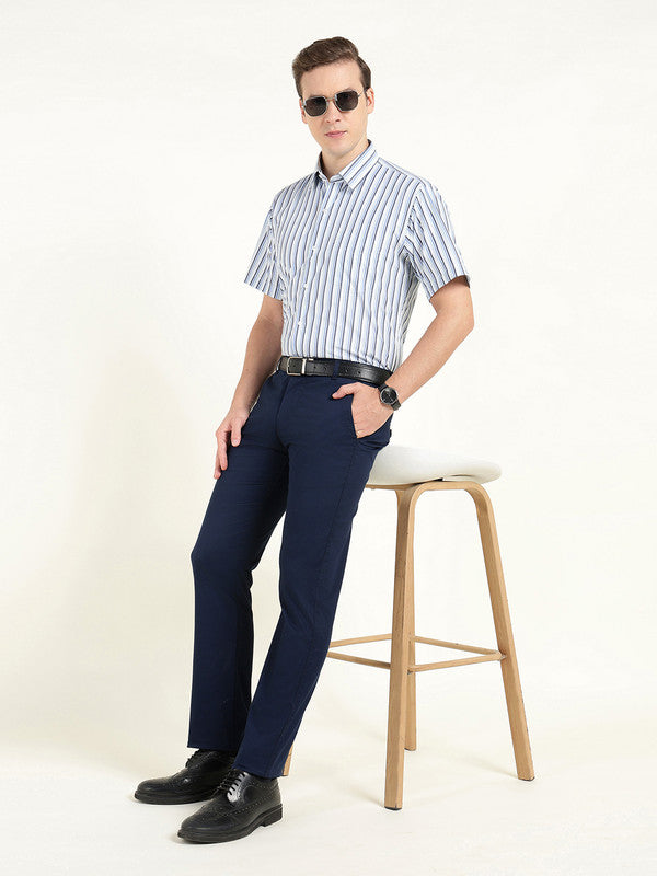 Men Blue Striped Wrinkle Ressistant Slim Fit Pure Cotton Formal Shirt