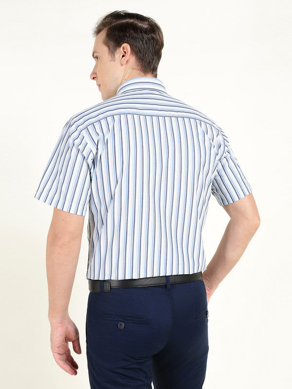 Men Blue Striped Wrinkle Ressistant Slim Fit Pure Cotton Formal Shirt