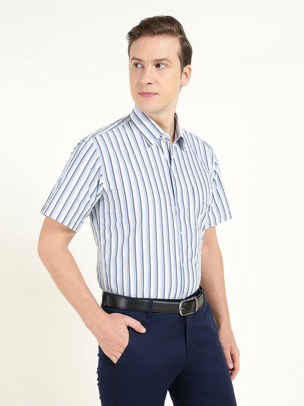 Men Blue Striped Wrinkle Ressistant Slim Fit Pure Cotton Formal Shirt