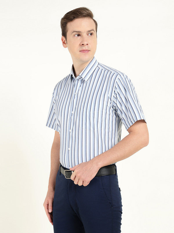 Men Blue Striped Wrinkle Ressistant Slim Fit Pure Cotton Formal Shirt