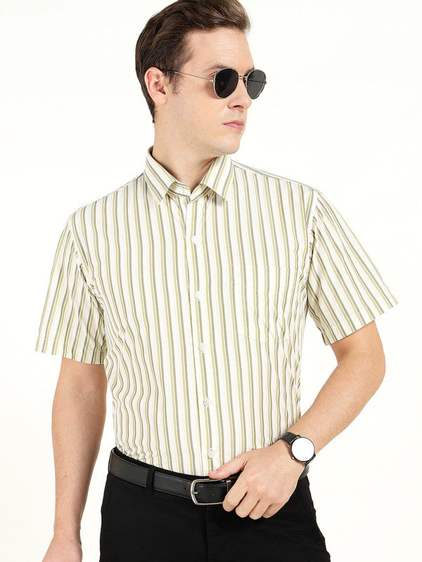 Men Green Striped Wrinkle Ressistant Slim Fit Pure Cotton Formal Shirt