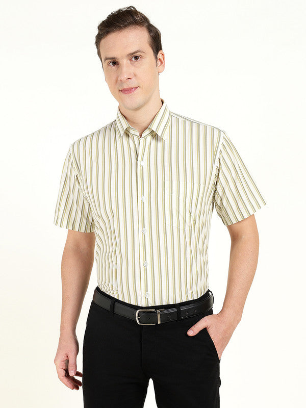 Men Green Striped Wrinkle Ressistant Slim Fit Pure Cotton Formal Shirt