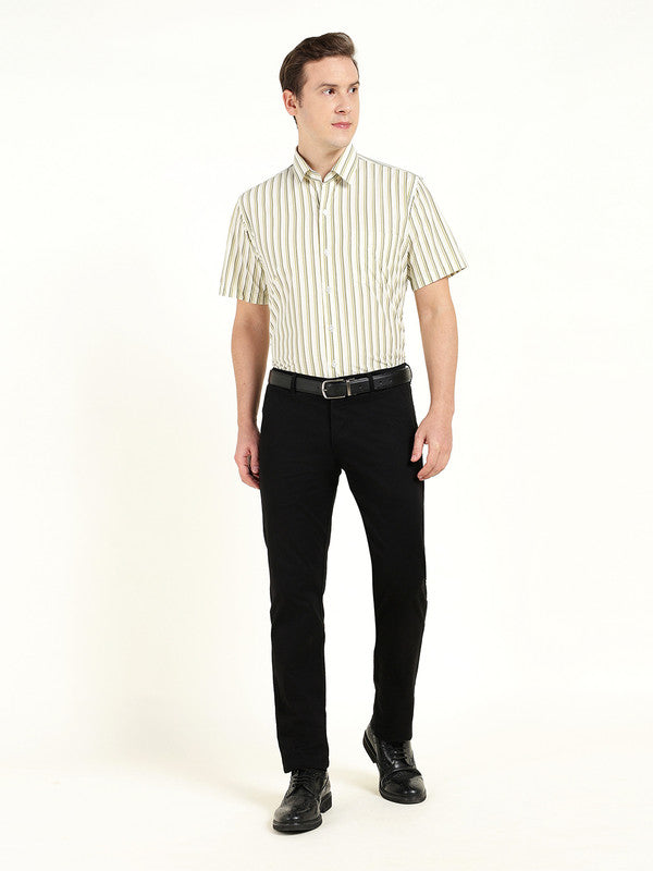Men Green Striped Wrinkle Ressistant Slim Fit Pure Cotton Formal Shirt