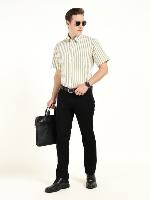 Men Green Striped Wrinkle Ressistant Slim Fit Pure Cotton Formal Shirt