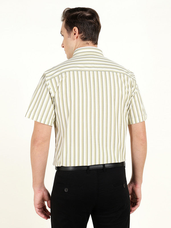 Men Green Striped Wrinkle Ressistant Slim Fit Pure Cotton Formal Shirt