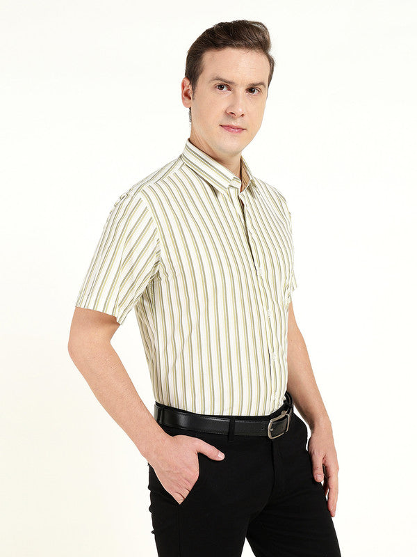 Men Green Striped Wrinkle Ressistant Slim Fit Pure Cotton Formal Shirt
