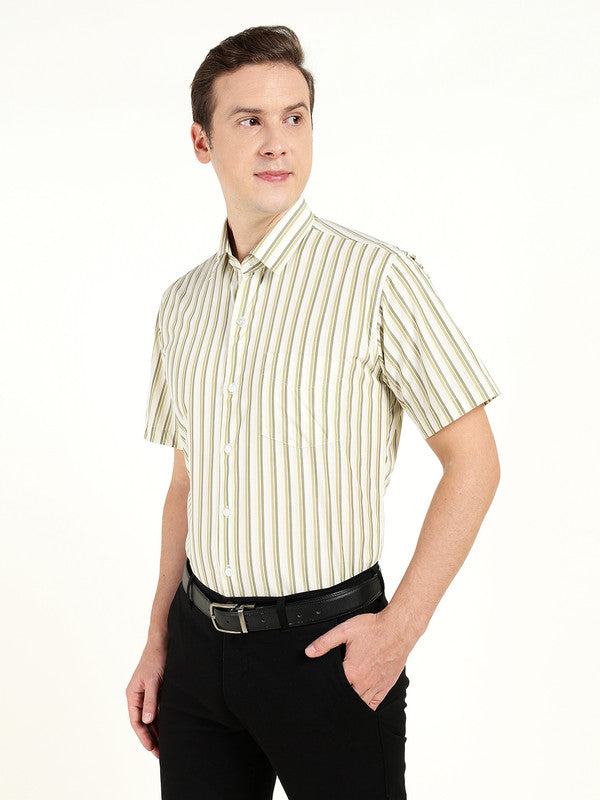 Men Green Striped Wrinkle Ressistant Slim Fit Pure Cotton Formal Shirt