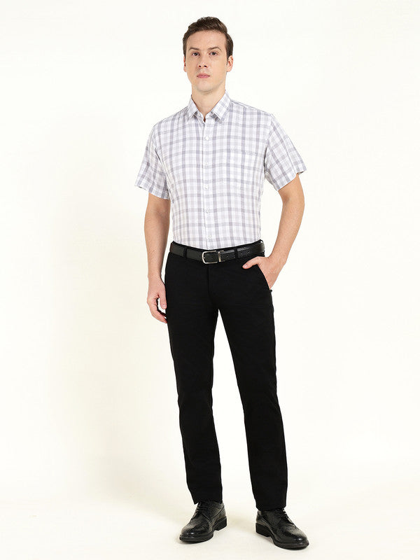 Hancock Men White & Grey Checked Slim Fit Linen Formal Shirt