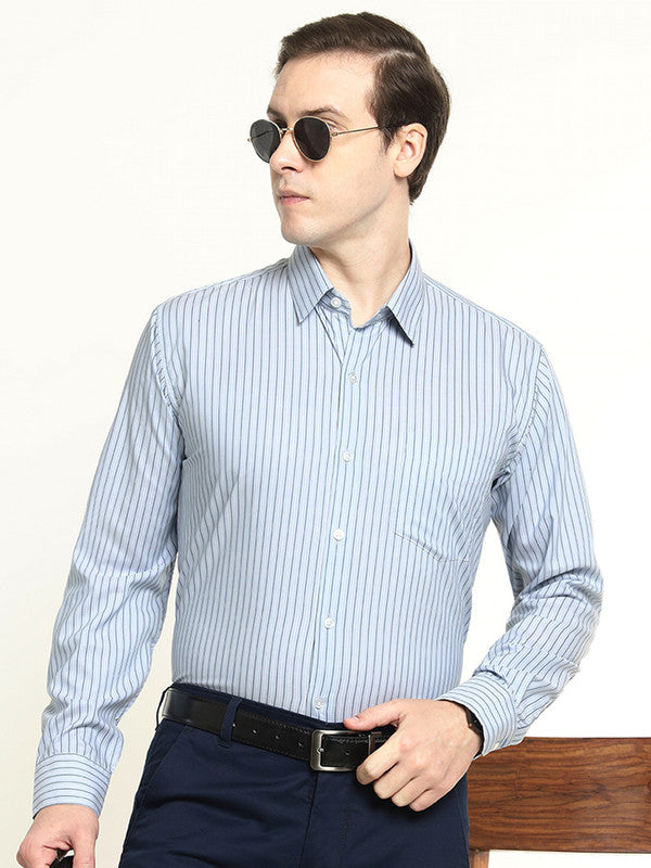 Men Blue Striped Pure Cotton Slim Fit Formal Shirt