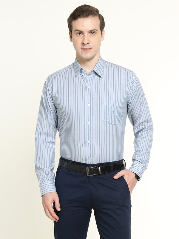 Men Blue Striped Pure Cotton Slim Fit Formal Shirt