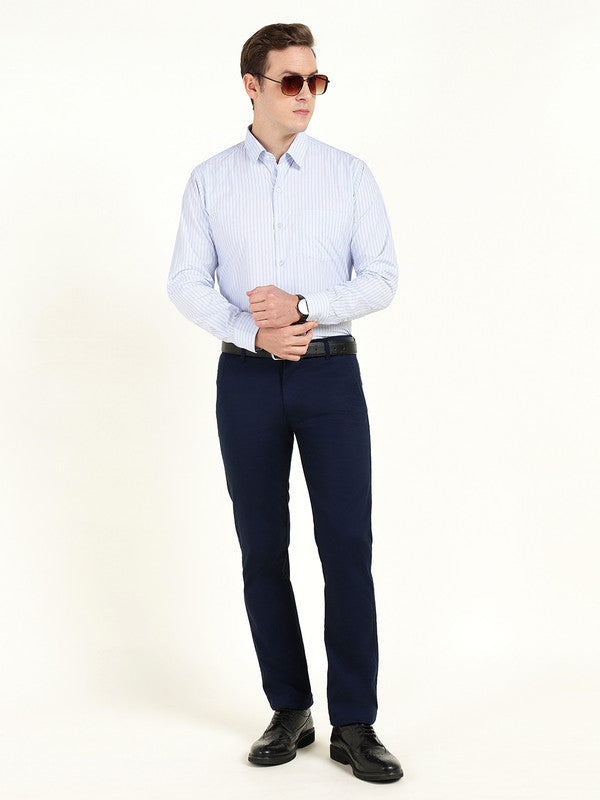 Men Blue Striped Wrinkle Ressistant Slim Fit Pure Cotton Formal Shirt