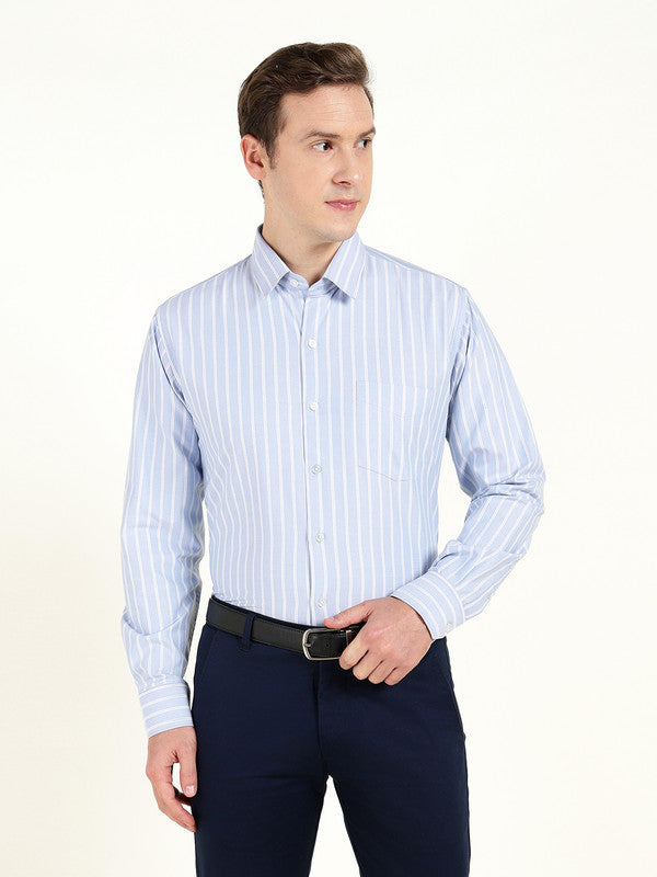 Hancock Men Blue & White Oxford Striped Wrinkle Ressistant Slim Fit Pure Cotton Formal Shirt