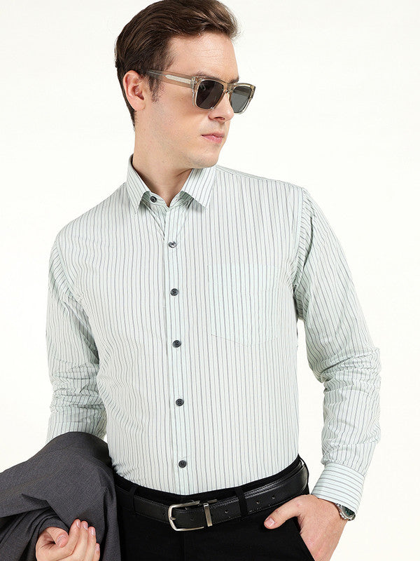 Men Green Striped Wrinkle Ressistant Slim Fit Pure Cotton Formal Shirt