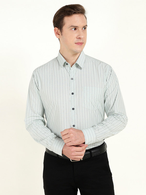Men Green Striped Wrinkle Ressistant Slim Fit Pure Cotton Formal Shirt