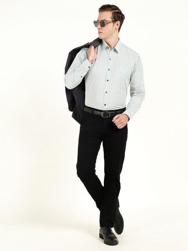 Men Green Striped Wrinkle Ressistant Slim Fit Pure Cotton Formal Shirt