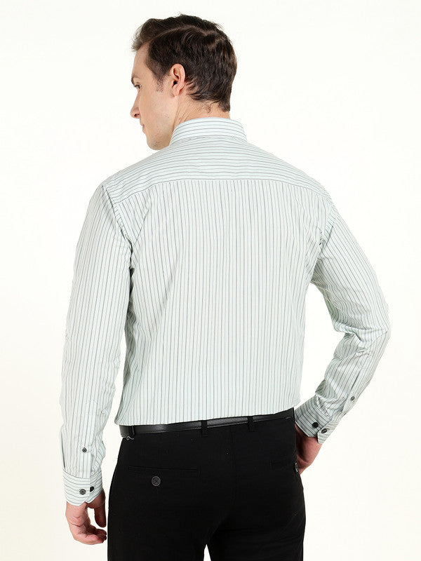 Men Green Striped Wrinkle Ressistant Slim Fit Pure Cotton Formal Shirt