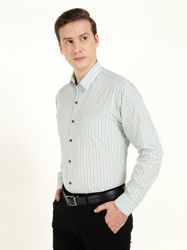 Men Green Striped Wrinkle Ressistant Slim Fit Pure Cotton Formal Shirt