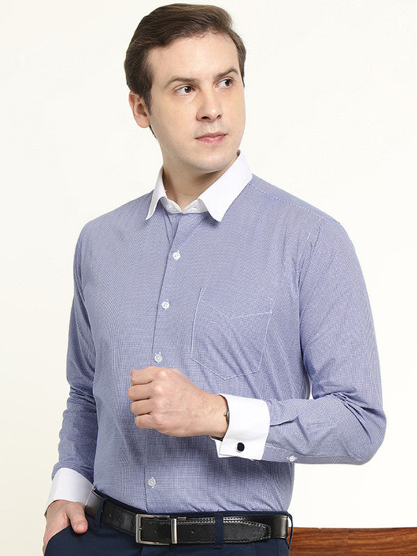 Hancock Men Blue & White Micro Checked French Cuff Pure Cotton Slim Fit Formal Shirt