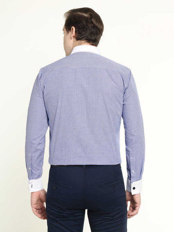 Hancock Men Blue & White Micro Checked French Cuff Pure Cotton Slim Fit Formal Shirt