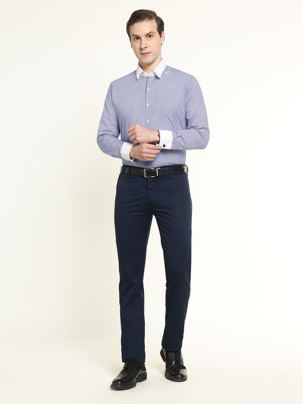 Hancock Men Blue & White Micro Checked French Cuff Pure Cotton Slim Fit Formal Shirt