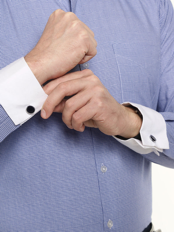Hancock Men Blue & White Micro Checked French Cuff Pure Cotton Slim Fit Formal Shirt