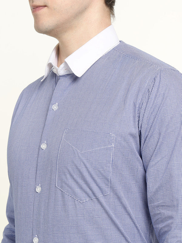 Hancock Men Blue & White Micro Checked French Cuff Pure Cotton Slim Fit Formal Shirt
