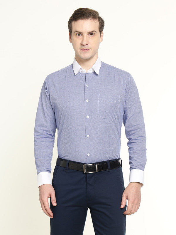 Hancock Men Blue & White Micro Checked French Cuff Pure Cotton Slim Fit Formal Shirt