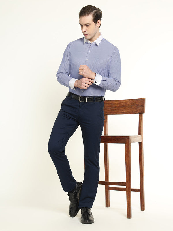 Hancock Men Blue & White Micro Checked French Cuff Pure Cotton Slim Fit Formal Shirt