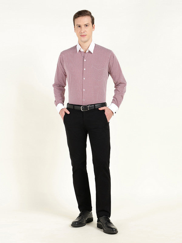 Hancock Men White & Maroon Micro Checked Slim Fit French Cuff Pure Cotton Stretch Formal Shirt
