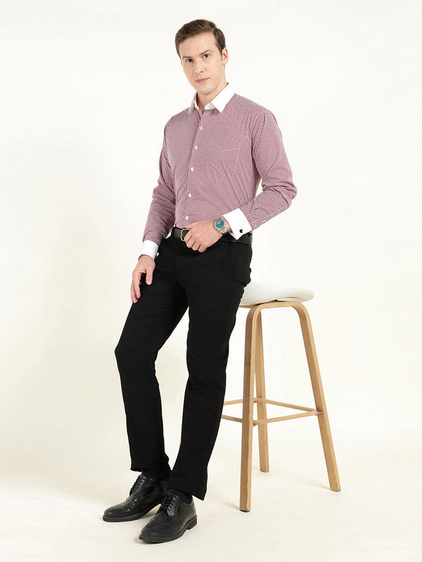 Hancock Men White & Maroon Micro Checked Slim Fit French Cuff Pure Cotton Stretch Formal Shirt