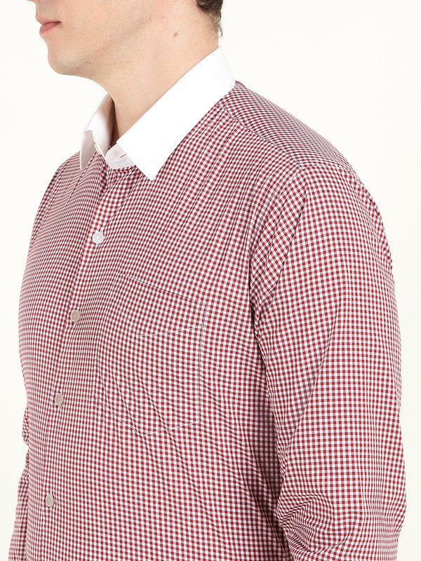 Hancock Men White & Maroon Micro Checked Slim Fit French Cuff Pure Cotton Stretch Formal Shirt
