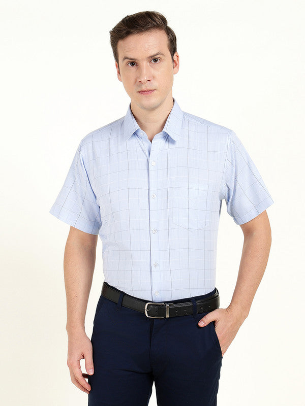 Hancock Men Sky Blue Checked Slim Fit Pure Cotton Formal Shirt