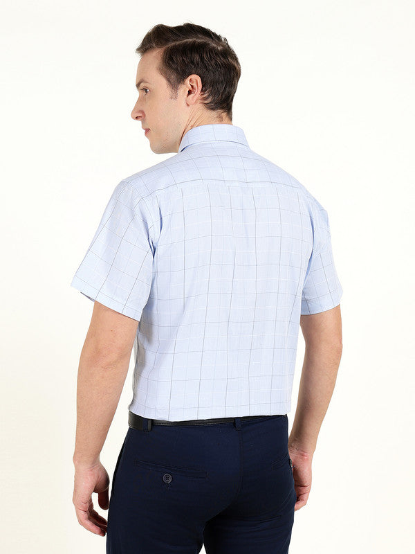 Hancock Men Sky Blue Checked Slim Fit Pure Cotton Formal Shirt