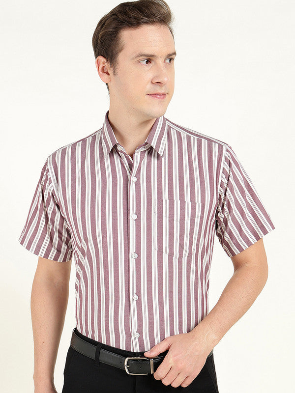 Hancock Men Maroon & White Striped Chambray Slim Fit Pure Cotton Formal Shirt