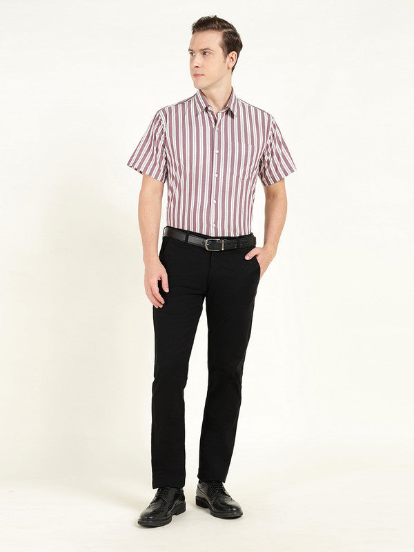 Hancock Men Maroon & White Striped Chambray Slim Fit Pure Cotton Formal Shirt