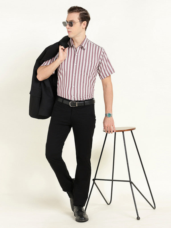 Hancock Men Maroon & White Striped Chambray Slim Fit Pure Cotton Formal Shirt