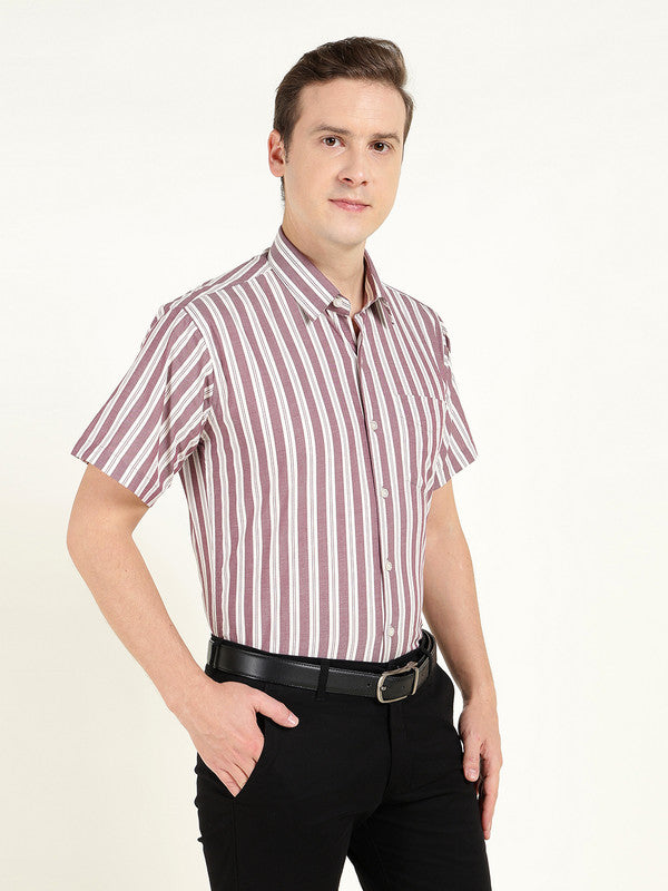 Hancock Men Maroon & White Striped Chambray Slim Fit Pure Cotton Formal Shirt