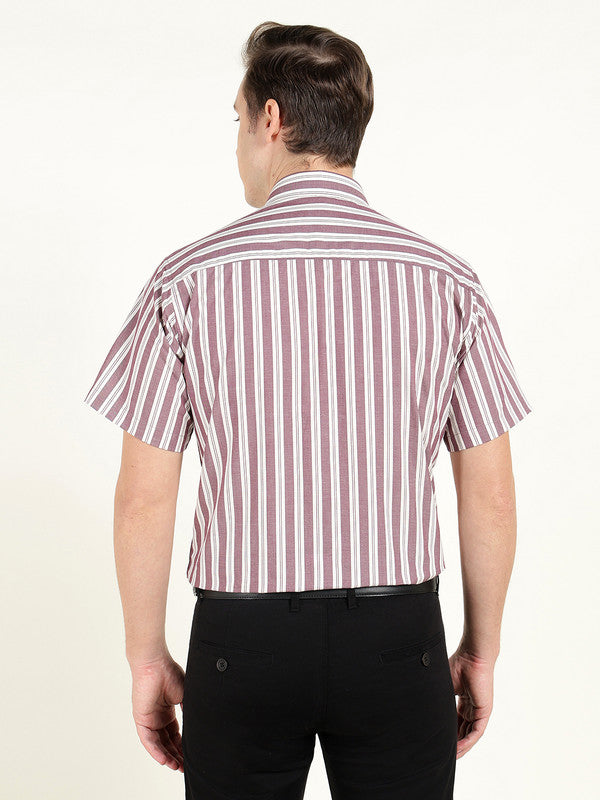 Hancock Men Maroon & White Striped Chambray Slim Fit Pure Cotton Formal Shirt