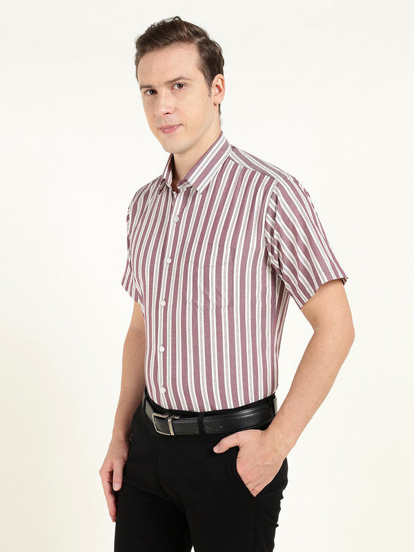 Hancock Men Maroon & White Striped Chambray Slim Fit Pure Cotton Formal Shirt