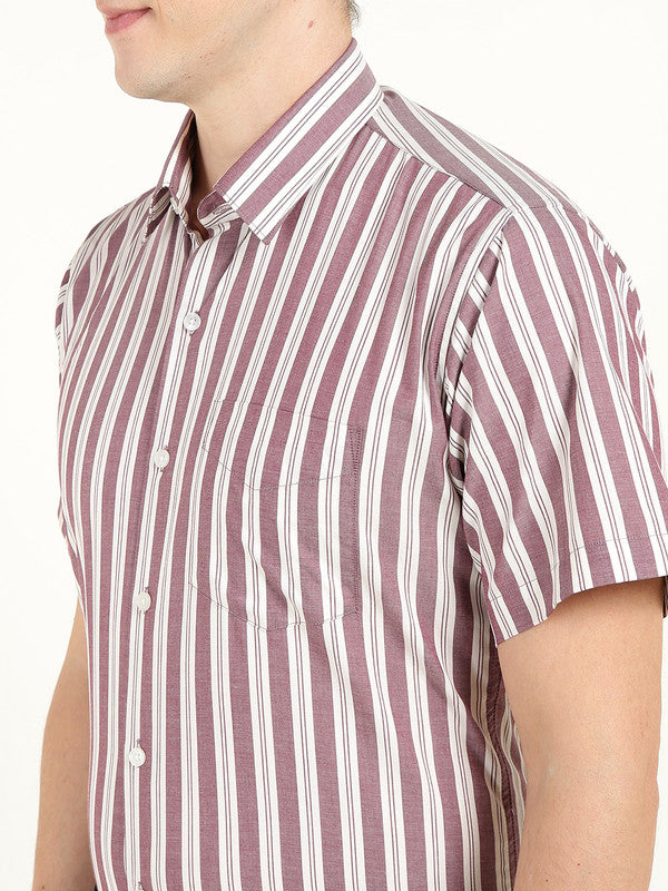 Hancock Men Maroon & White Striped Chambray Slim Fit Pure Cotton Formal Shirt