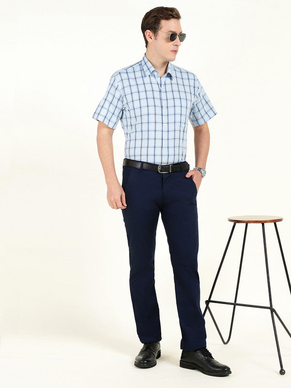 Hancock Men Blue Checked Slim Fit Pure Cotton Formal Shirt