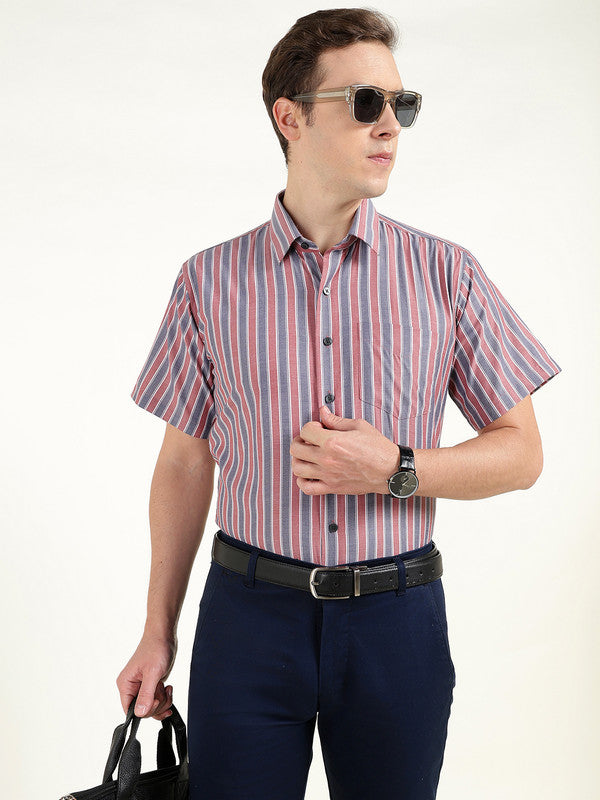 Hancock Men Red & Navy Blue Striped Chambray Slim Fit Pure Cotton Formal Shirt