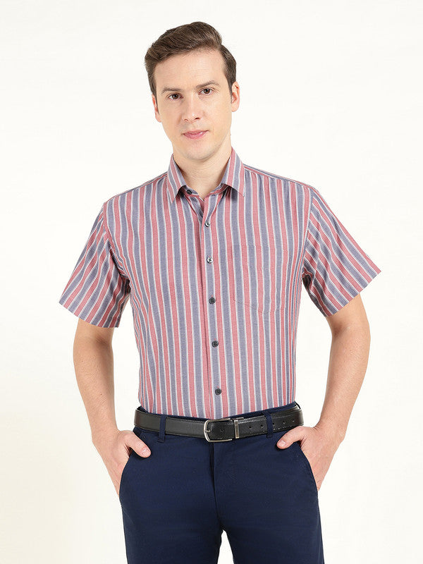 Hancock Men Red & Navy Blue Striped Chambray Slim Fit Pure Cotton Formal Shirt