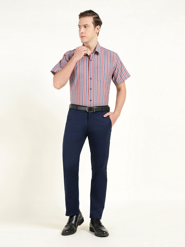 Hancock Men Red & Navy Blue Striped Chambray Slim Fit Pure Cotton Formal Shirt