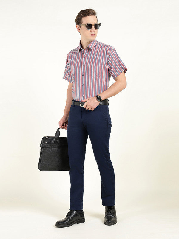 Hancock Men Red & Navy Blue Striped Chambray Slim Fit Pure Cotton Formal Shirt