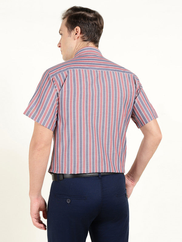 Hancock Men Red & Navy Blue Striped Chambray Slim Fit Pure Cotton Formal Shirt