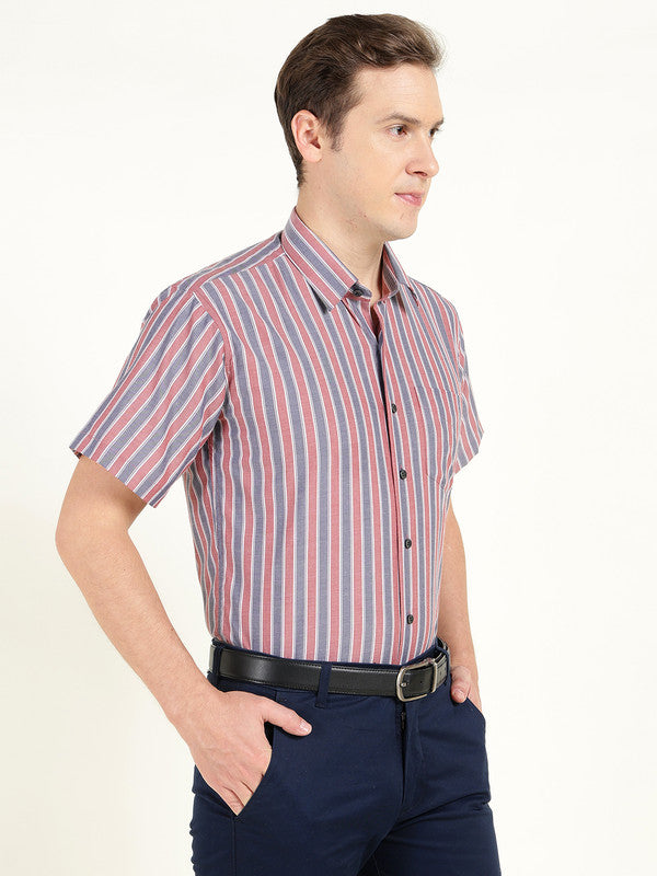 Hancock Men Red & Navy Blue Striped Chambray Slim Fit Pure Cotton Formal Shirt
